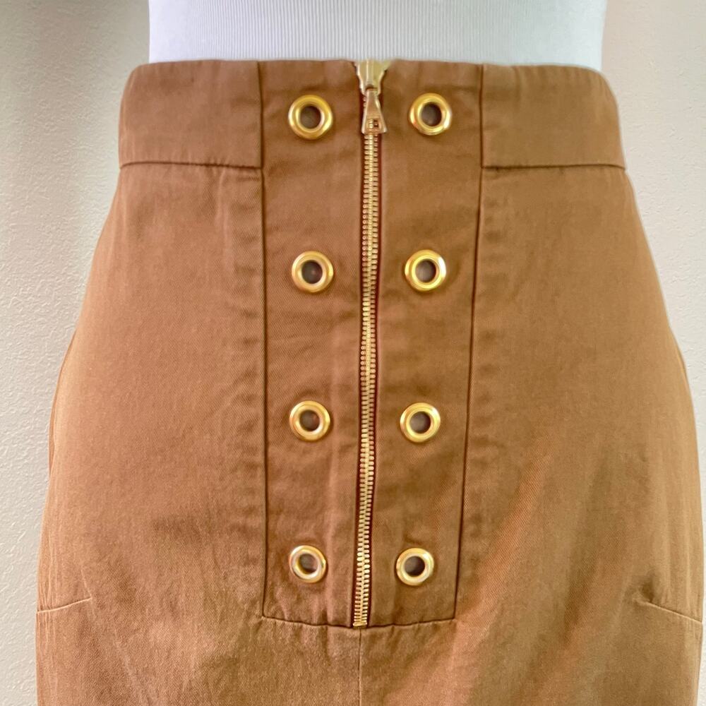 Prada Brown Midi Skirt Gold Grommet Zip Italy Size 46 Minimalist Luxury Classic - Picture 4 of 14
